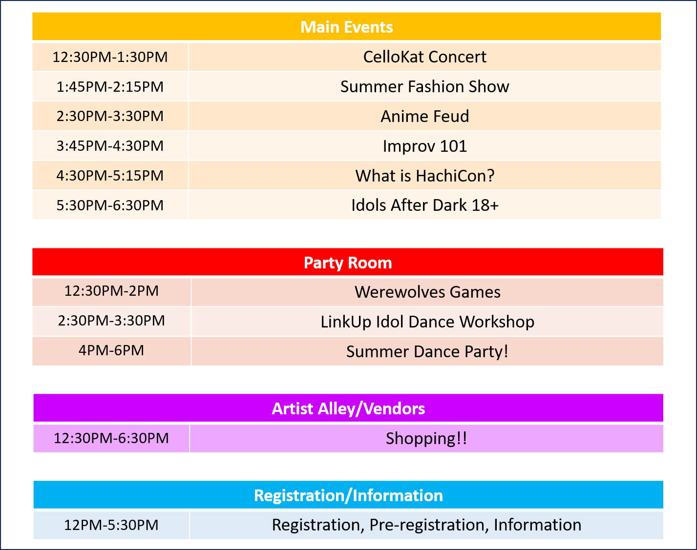 Summer Party Schedule